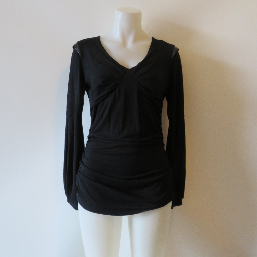 "GENDER BIAS" BLACK RUCHED TOP WITH LEATHER TRIM M